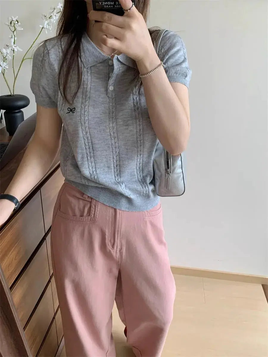 AOSSVIAO Korean Knitted Polo Shirt Women Bow Embroidered Top