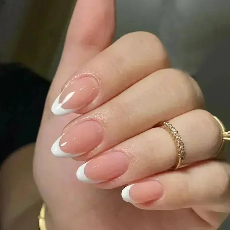 Glamora French Almond False Nails 24 Piece Press On Stiletto Tips With White Edge Design Glue Included For Wearable Glam