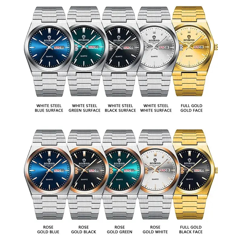 BINBOND men's fashion business watches set, 10 stainless steel quartz watches with blue, green, black, white and gold-tone dials.