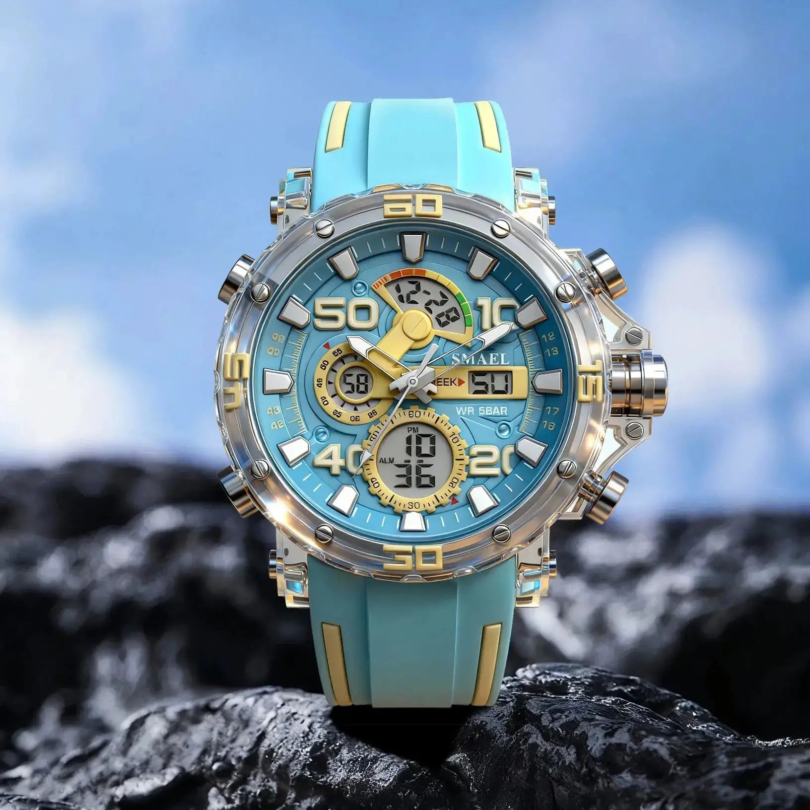 SMAEL men's military-style digital-analog sports watch with blue dial and teal strap, gold accents.
