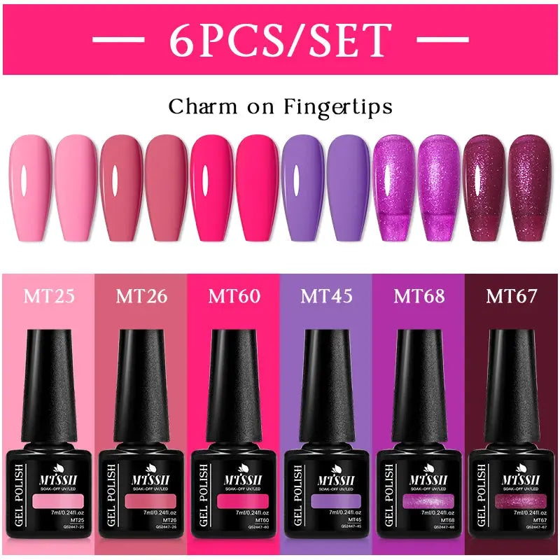 Gel nail polish set MTSSII 6Pcs by Simples Market in pink and purple shades (6 bottles)