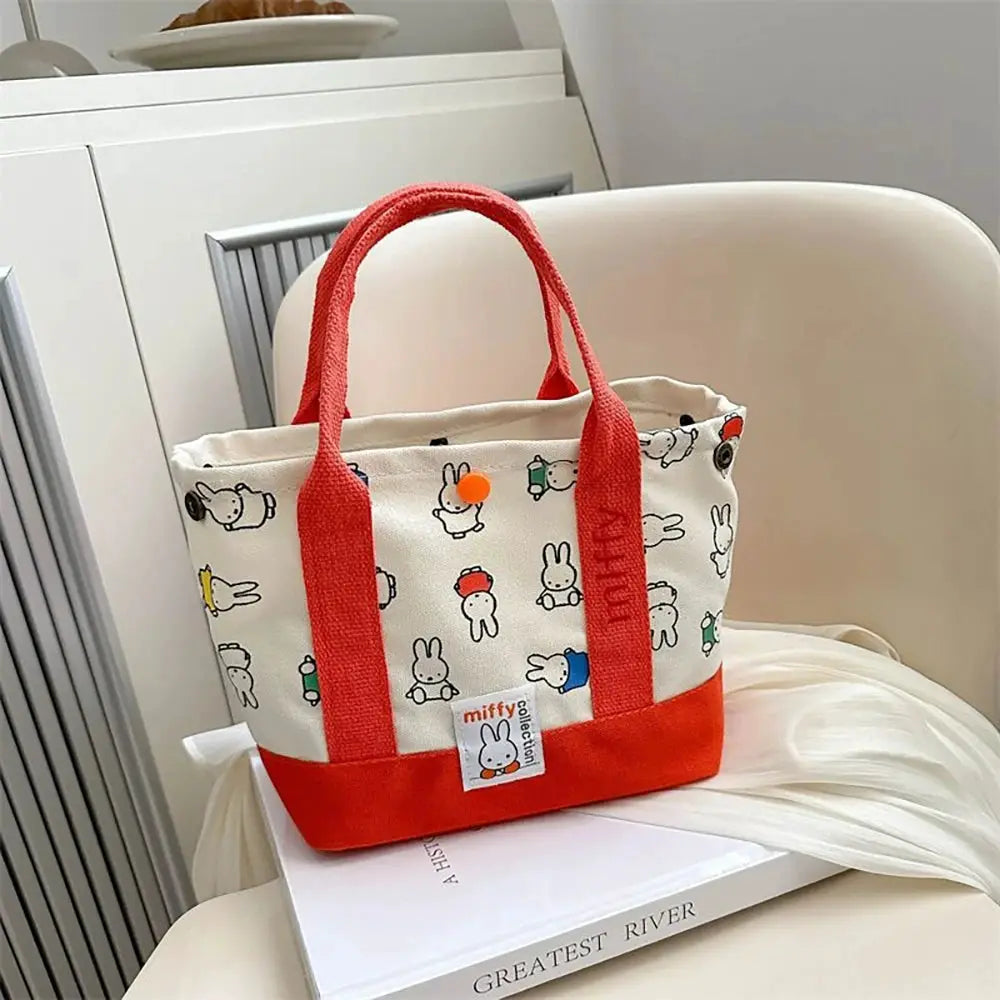 Kawaii Miffy Cute Handbag Cartoon Rabbit Canvas Embroidery Bag Multifunctional Bento Storage For Girls