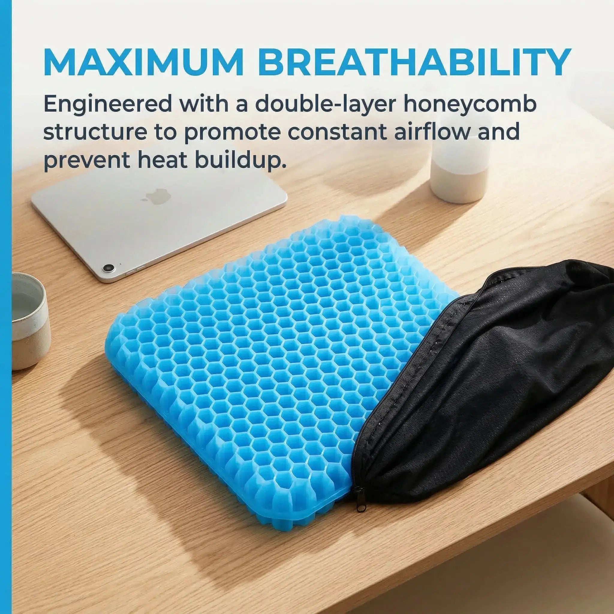 Simples Market large blue gel seat cushion with honeycomb texture and non-slip cover for hip tailbone pain relief