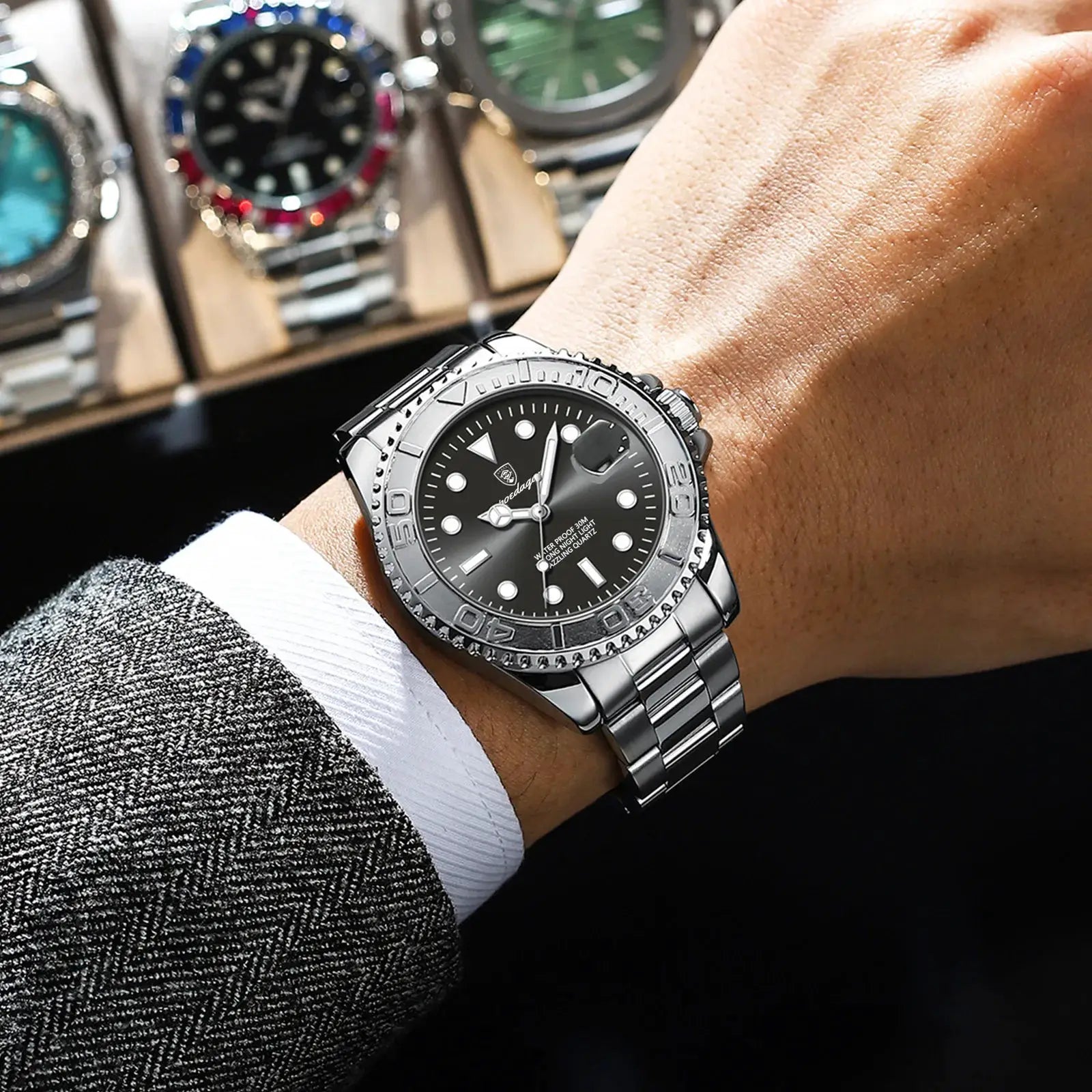 POEDAGAR men's luxury stainless steel waterproof wristwatch with black dial and date window