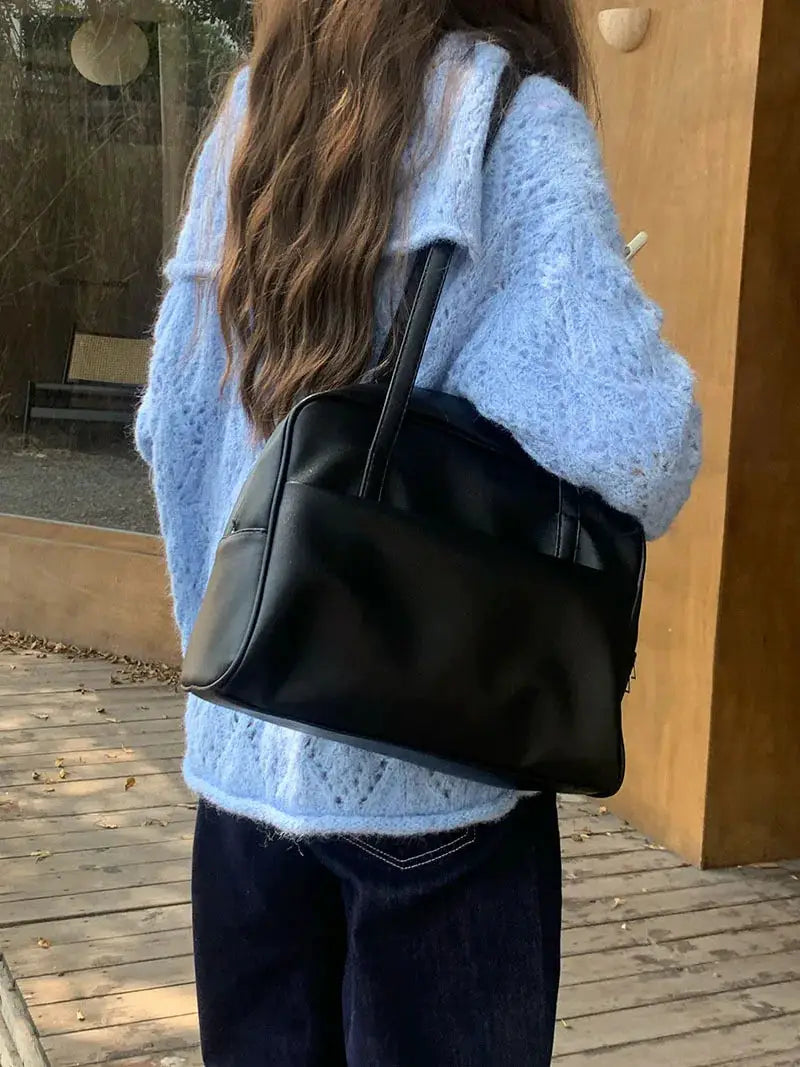 Tote bag, black faux-leather, Korean-style large-capacity with a single shoulder strap
