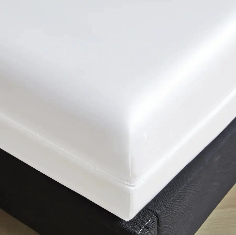 White satin six-sided zipper mattress encasement for full-size mattress with all-around deep-pocket