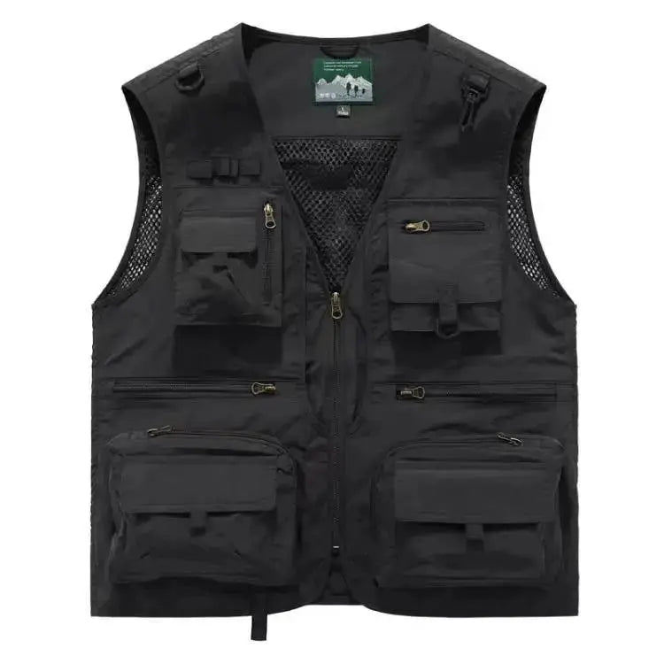 Multipocket quick-dry mesh fishing vest by Simples Market, black sleeveless tactical vest with multiple zip pockets