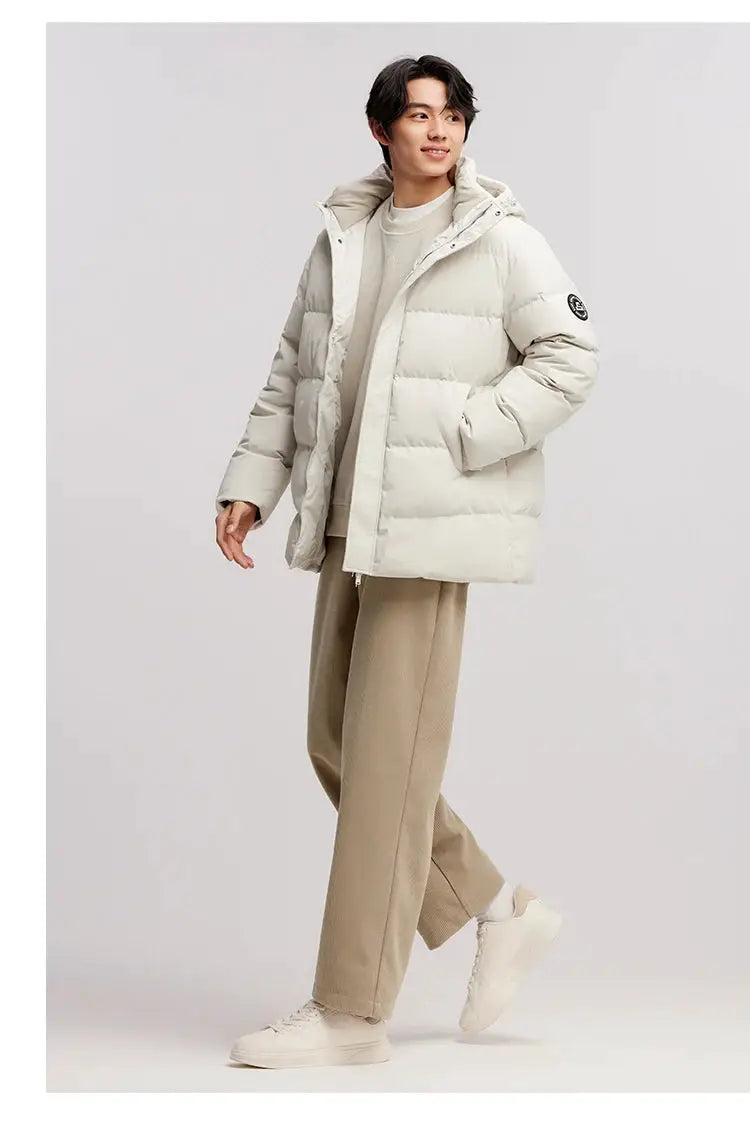 Semir men's down jacket, cream hooded mid-length puffer with sleeve logo patch