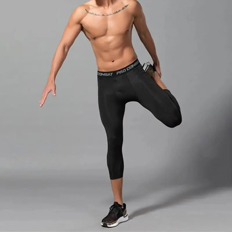 Mens black 3/4 length compression leggings with Pro Combat waistband