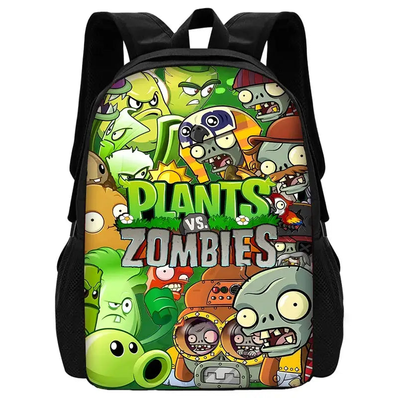 Kids' Plants vs Zombies school backpack with lunch bag and pencil bag, black with colorful front artwork.