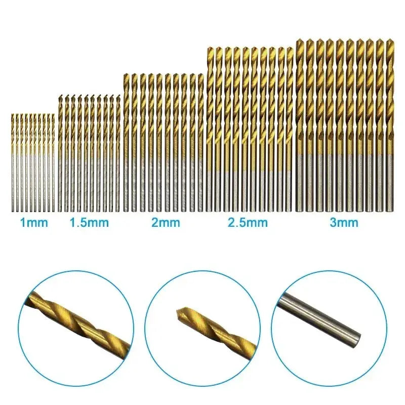100 Piece Titanium Plated Twist Drill Bit Set 1 To 3mm For Wood And Metal Hand And Electric Drills