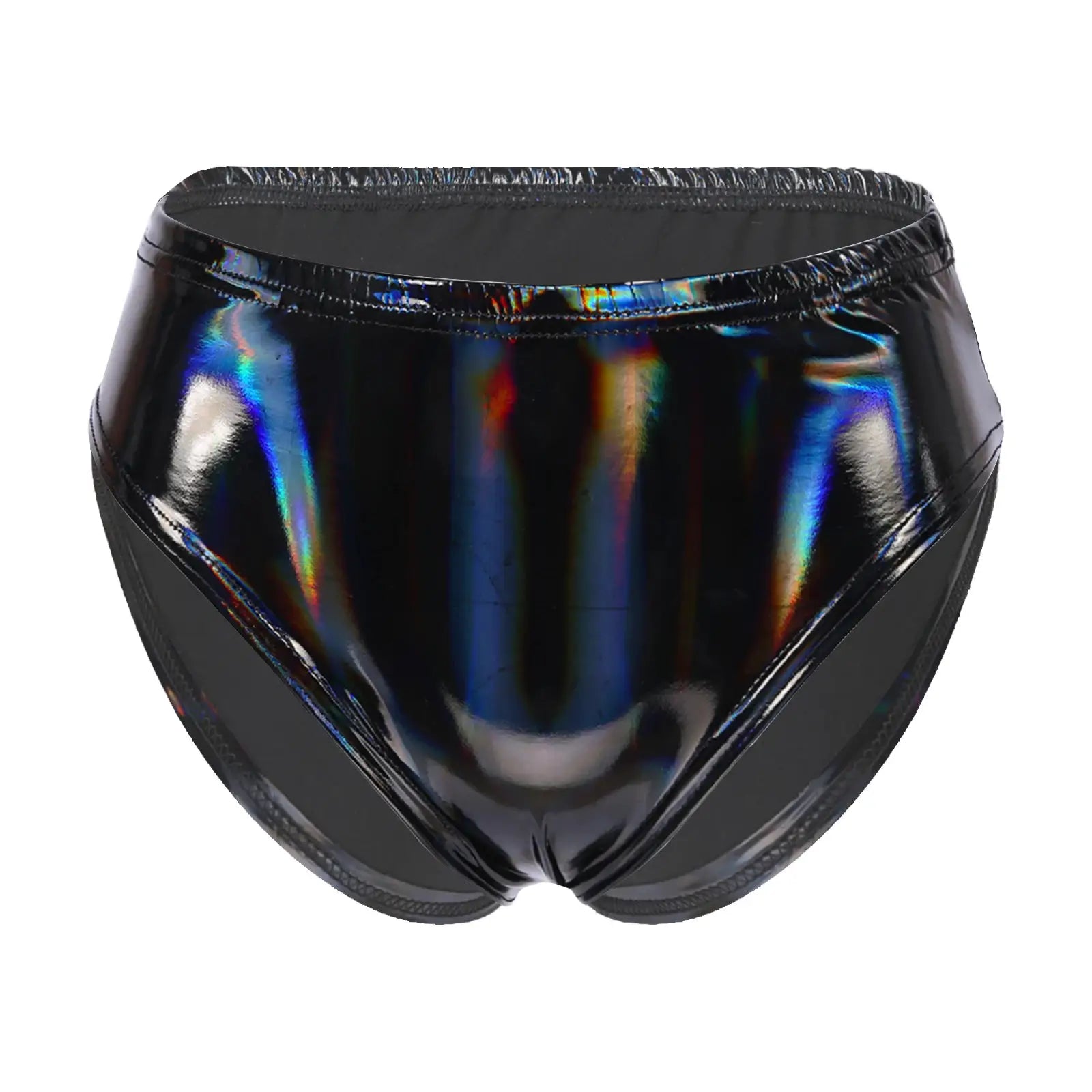 Womens black patent leather wet-look hot pants with glossy finish