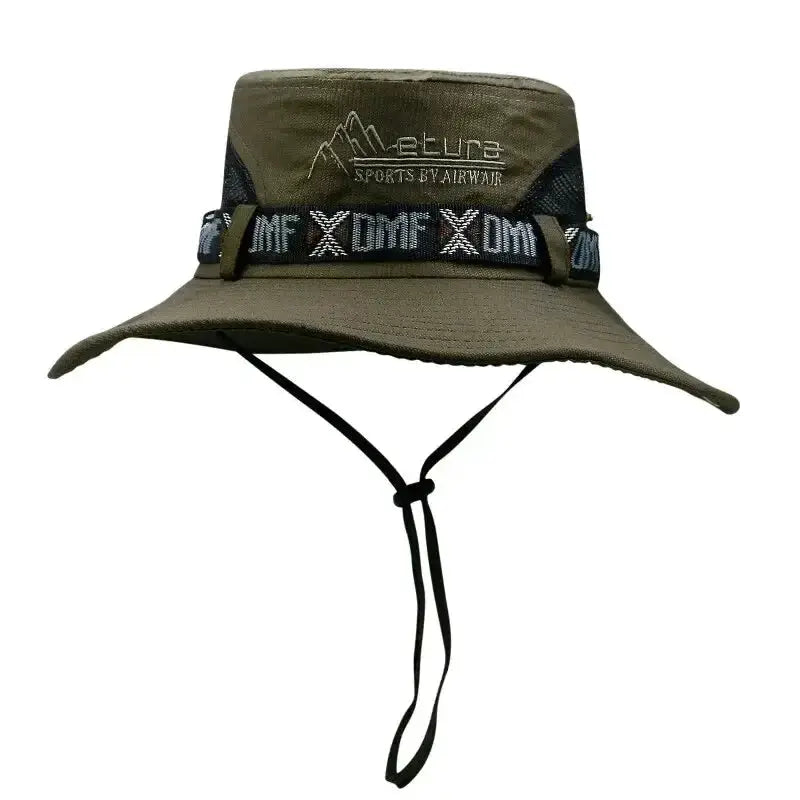 Simples Market olive green outdoor bucket hat with wide brim, UV protection, chin cord, and mesh side panels