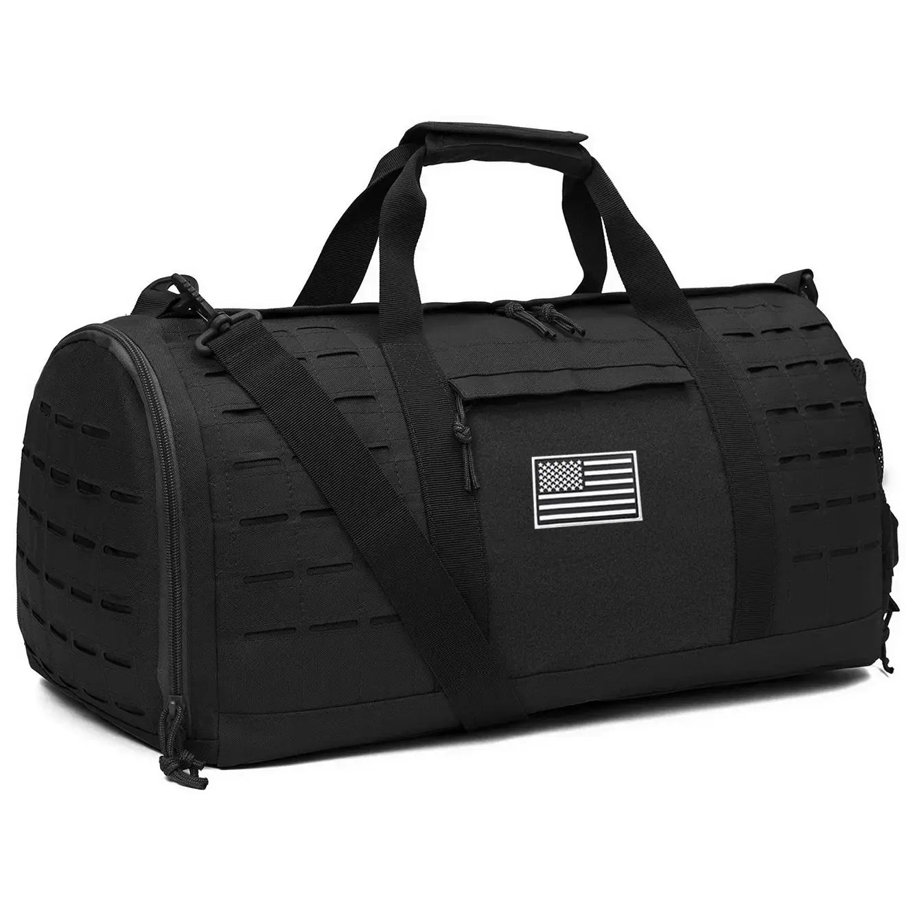 40L tactical gym bag in black with top handles and shoulder strap, US flag patch.