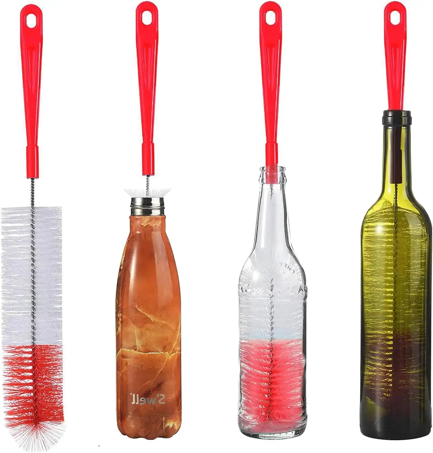 Simples Market 16” bottle brush cleaner with red handle for washing wine, beer and long-neck sport bottles; four bottles shown
