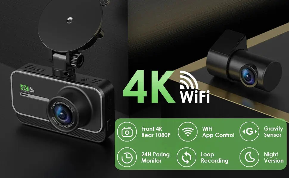 Simples Market 4K car dash cam with front and rear cameras, black compact unit, WiFi app control, 24H parking mode.