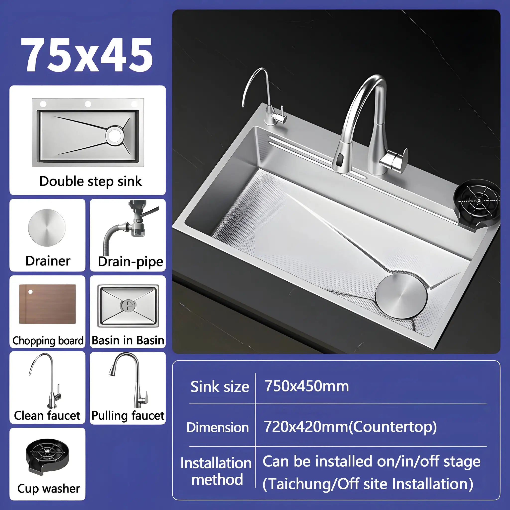 Kitchen sink by Simples Market, 304 stainless steel, silver finish, large single-slot wash basin 75x45 cm