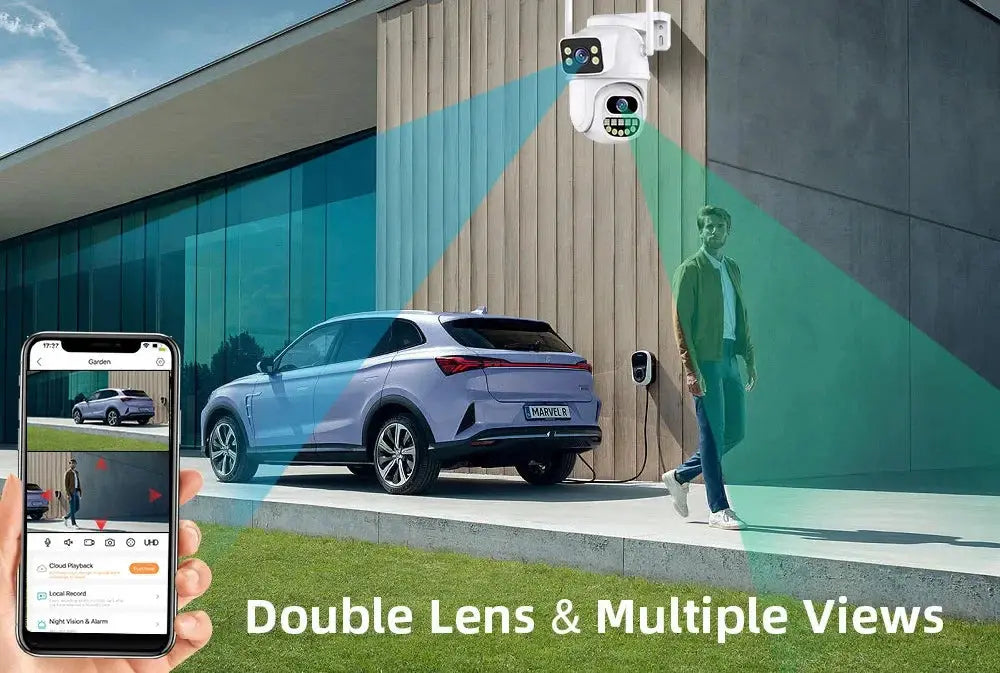 Outdoor WiFi security camera, white waterproof unit with 360° coverage and remote smartphone monitoring