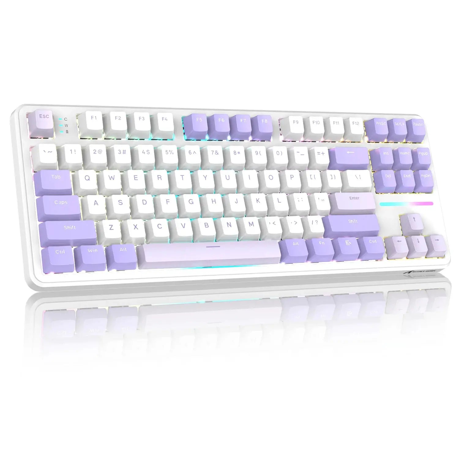 ATTACK SHARK X87 wireless mechanical gaming keyboard, white chassis with pastel purple keycaps and RGB lighting, Simples Market