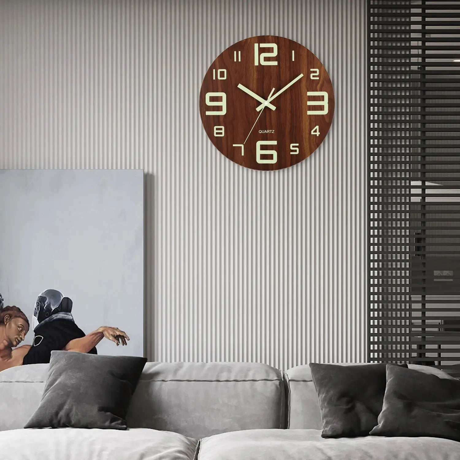 12 Inch Luminous Wood Wall Clock by Simples Market; dark wood finish with night light and cream numerals