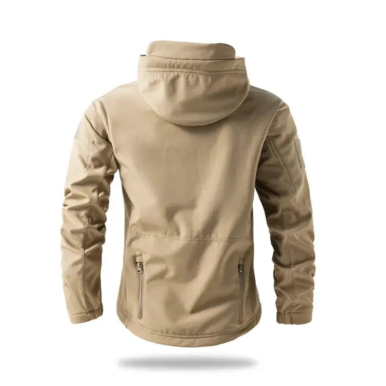Lurker Shark Skin Soft Shell Tactical Jacket for men, tan waterproof hooded coat with zip pockets