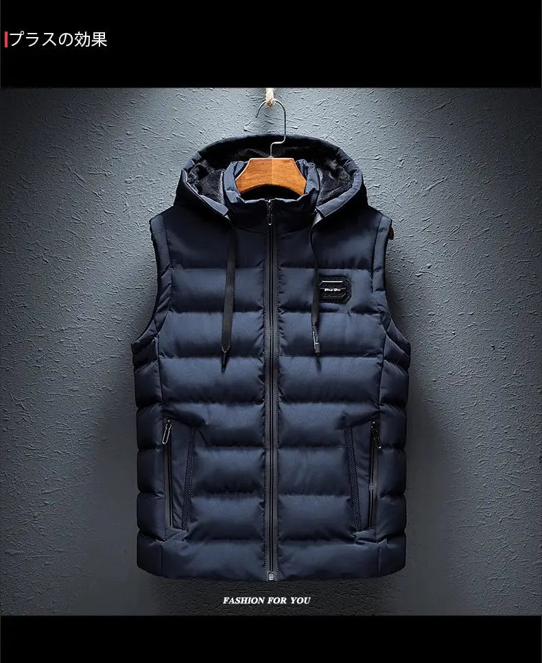 Navy hooded puffer vest for men by Simples Market with zip front and two pockets, quilted padding.