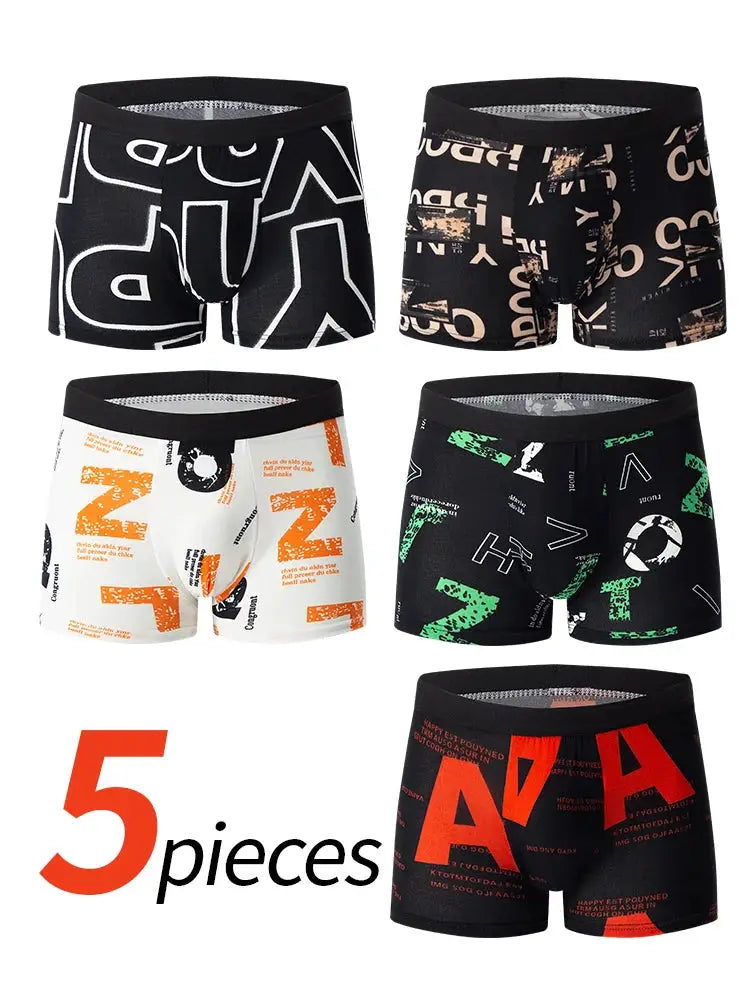Men's 5-pack boxer briefs with bold printed designs in black, white and multicolor patterns