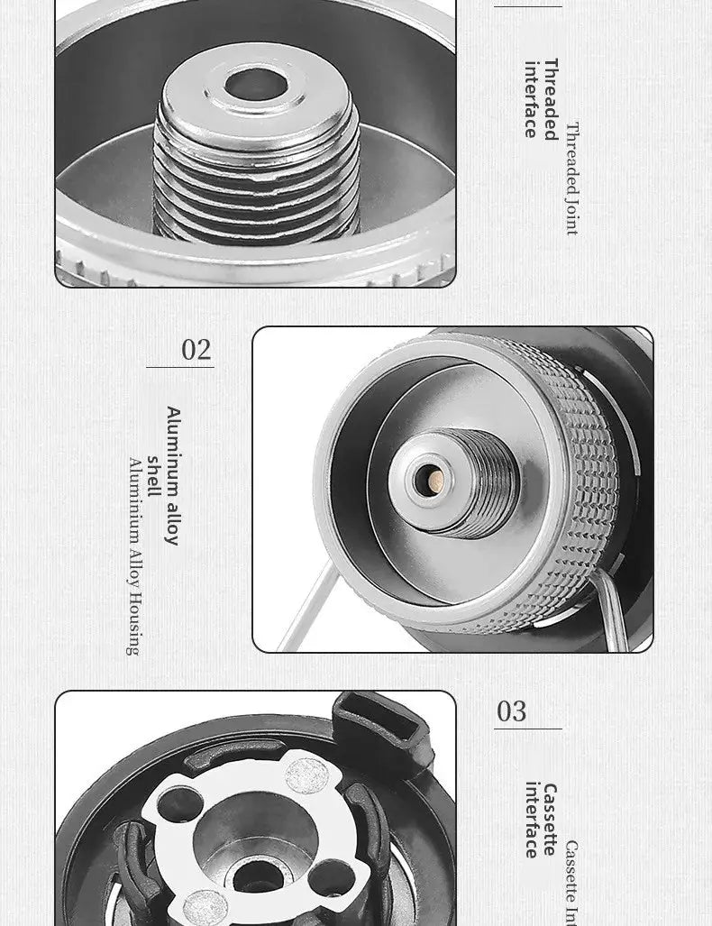 Butane adapter with bracket by Simples Market for camping stoves; aluminum alloy housing with screw valve output nozzle