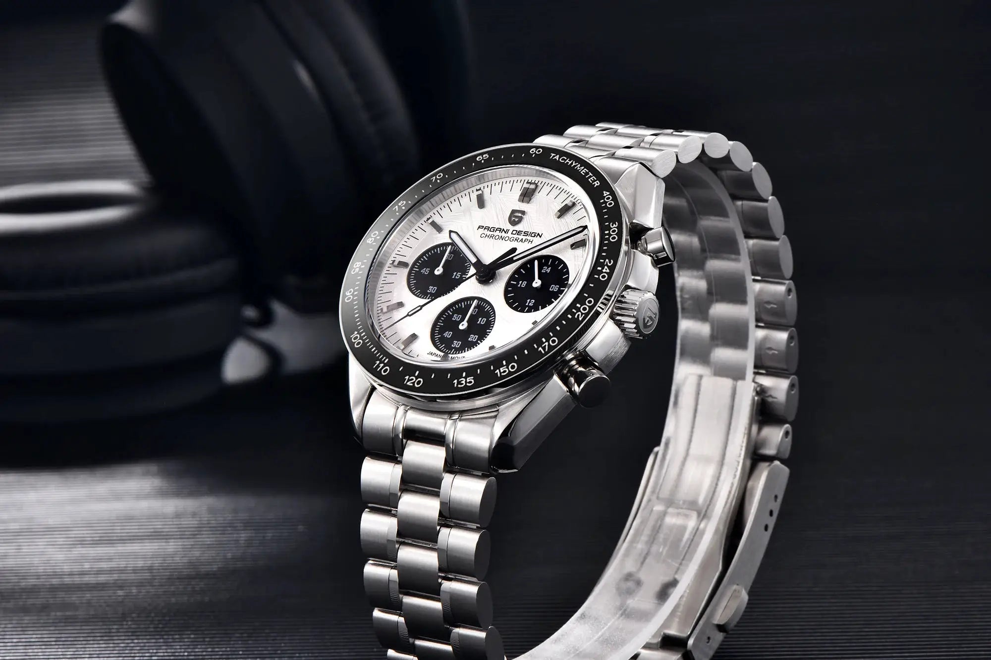Pagani Design men's chronograph watch with stainless steel bracelet, silver dial, tachymeter bezel, luminous hands