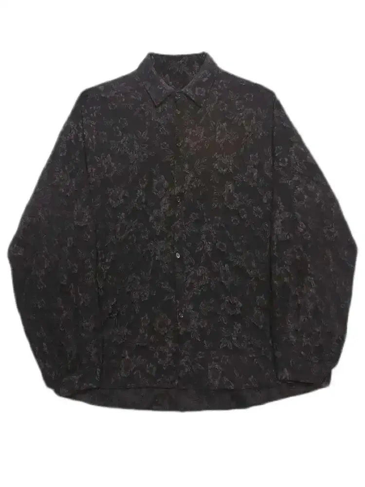 Jacquard shirt in black with turn-down collar and bat-wing sleeves