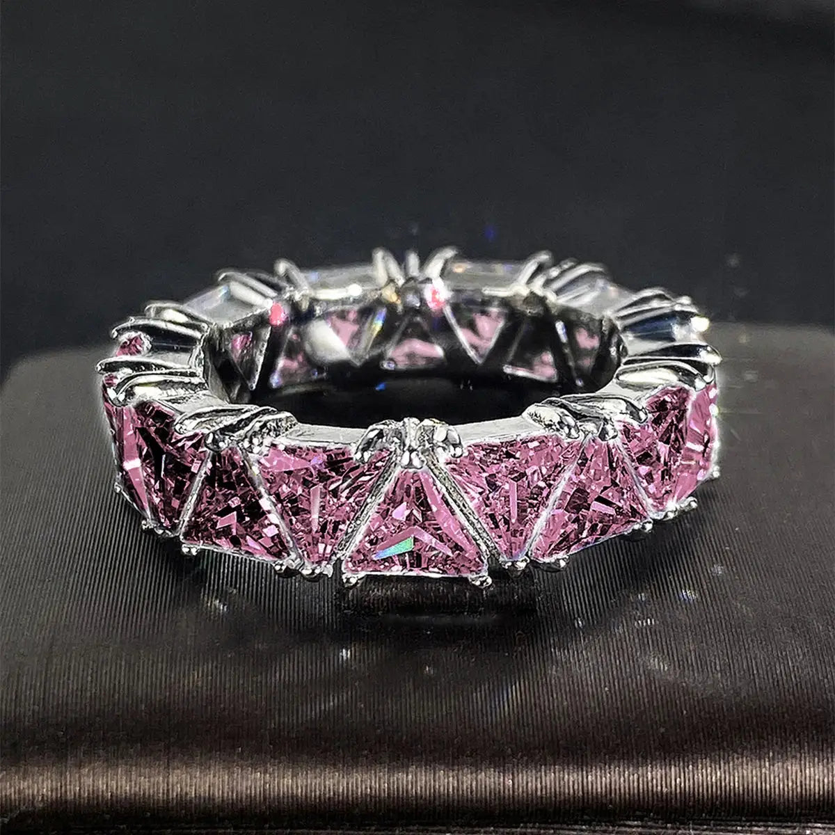 Huitan pink triangle design cubic zirconia promise ring for women in silver-tone band