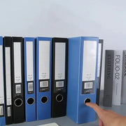 Blue A4 plastic file storage box with lid, 3in thick, folded-folder organizer on a shelf with blue and black file boxes