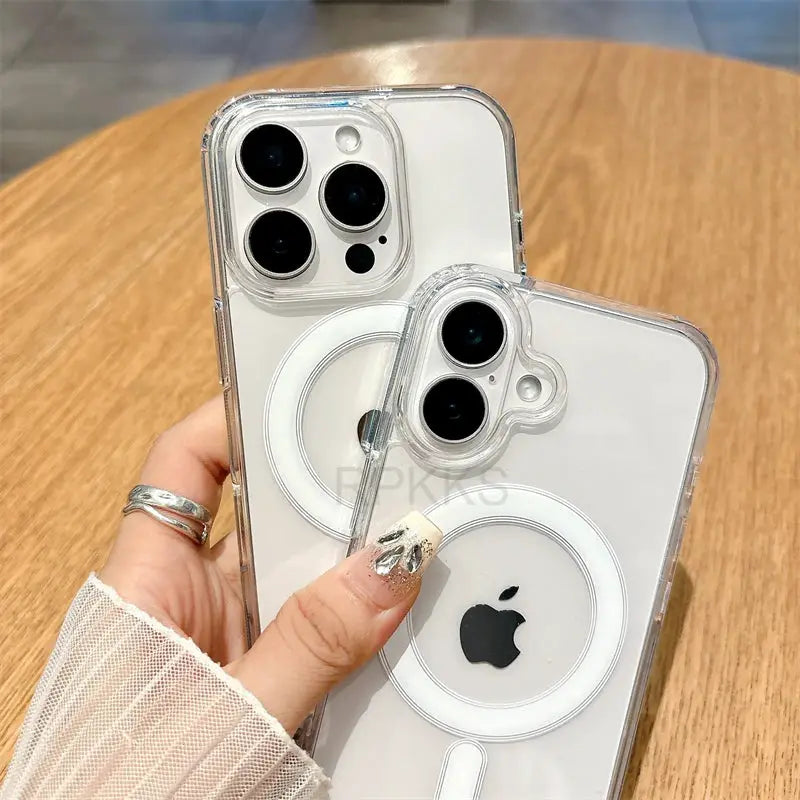 Two clear Simples Market MagSafe iPhone cases with circular rings on transparent backs