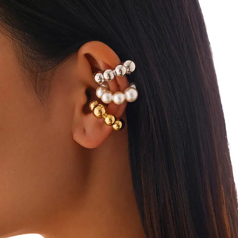 Punk Vintage 3Pcs C-shaped ear clips with pearl acrylic beads in silver, white, gold Simples Market