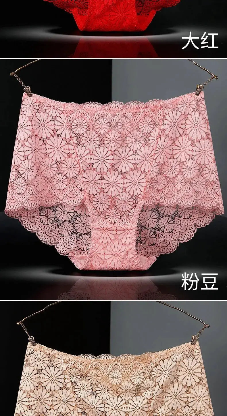 Womens high-waisted lace panties in red, pink, and nude; floral hollow-out lace, plus-size.