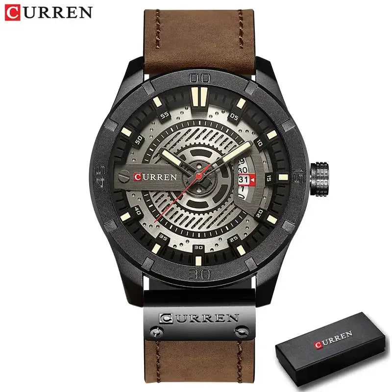 Curren men's luxury quartz watch with skeleton dial, black case and brown leather strap; includes Curren box.