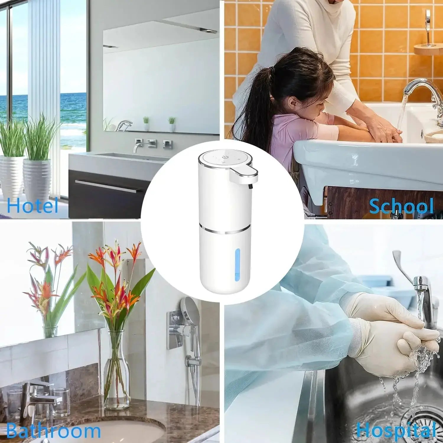 Automatic liquid/foam soap dispenser by Simples Market, touchless USB-rechargeable, white with silver trim.