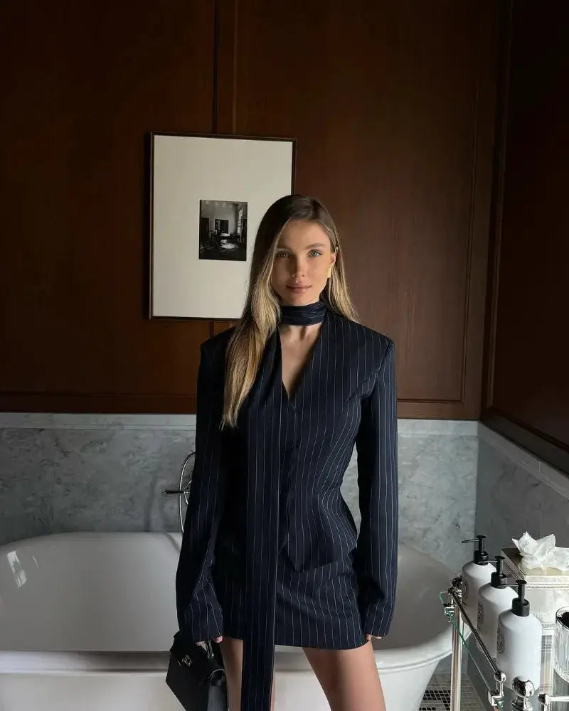 Trendix Elegant Blazer 2-Piece Set, navy pinstripe V-neck blazer and matching mini skirt