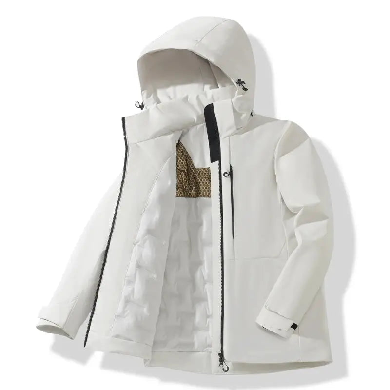 JNLN unisex waterproof fleece jacket with hood, white windproof thermal windbreaker for hiking and camping