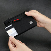 Black RFID card holder with carabiner and zipper pocket, nylon wallet with RFID STOP logo