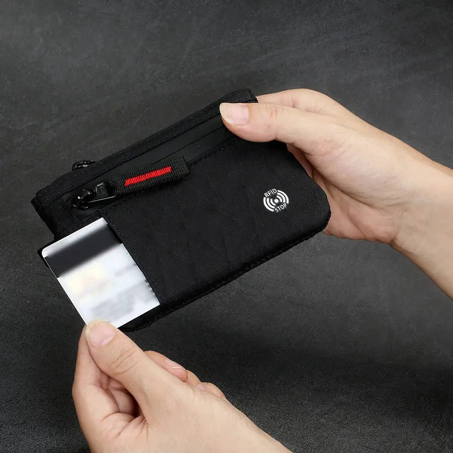 Black RFID card holder with carabiner and zipper pocket, nylon wallet with RFID STOP logo