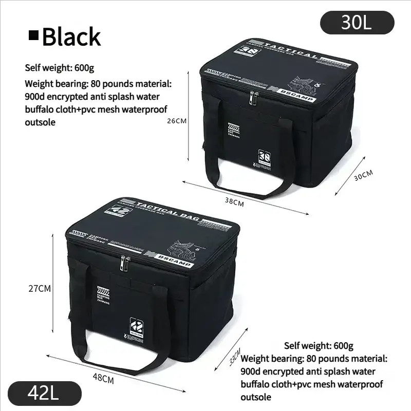 Two black Simples Market 30-42L tactical camping storage bags, insulated and waterproof with carry handles.