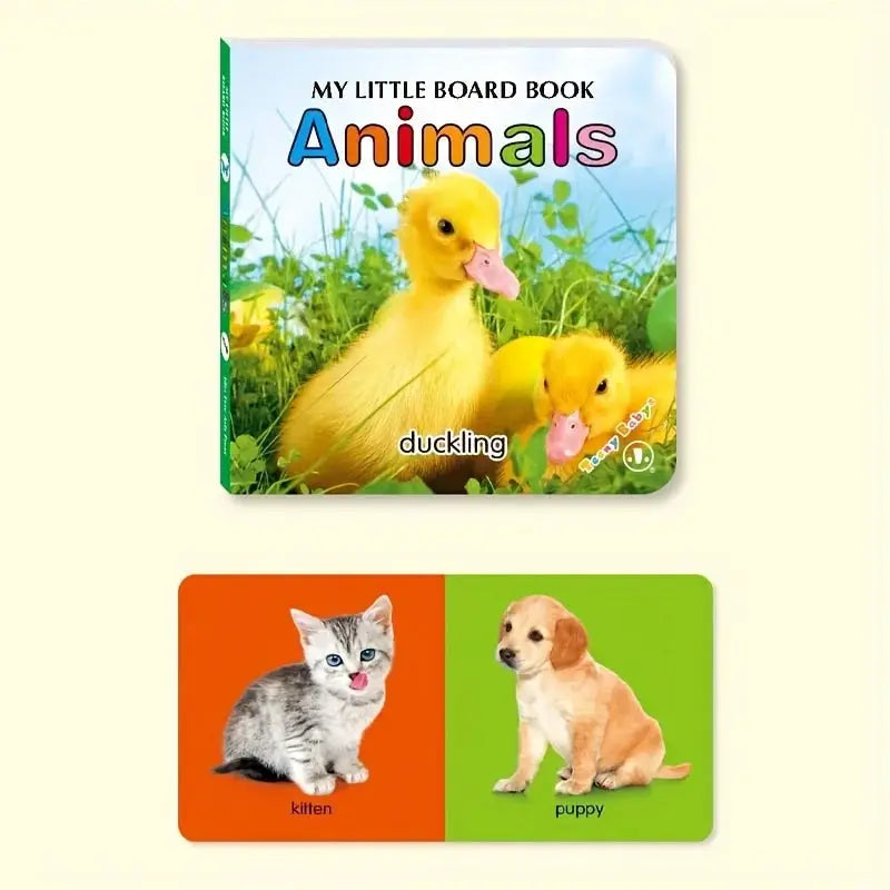 Simples Market colorful animal board book with ducklings; paired orange/green kitten and puppy cards.