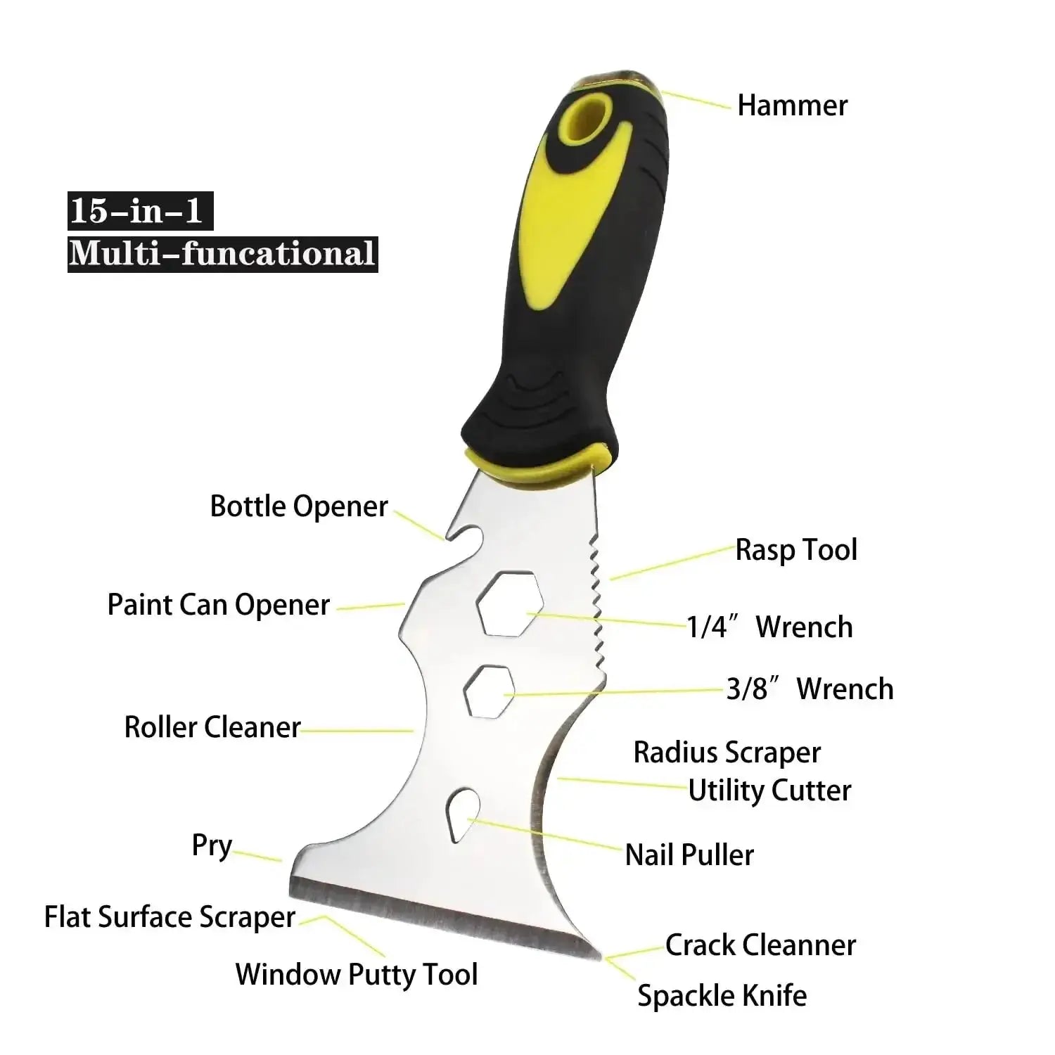 15 in 1 Multi Use Putty Knife Stainless Steel Paint Scraper and Wallpaper Removal Tool for Home DIY