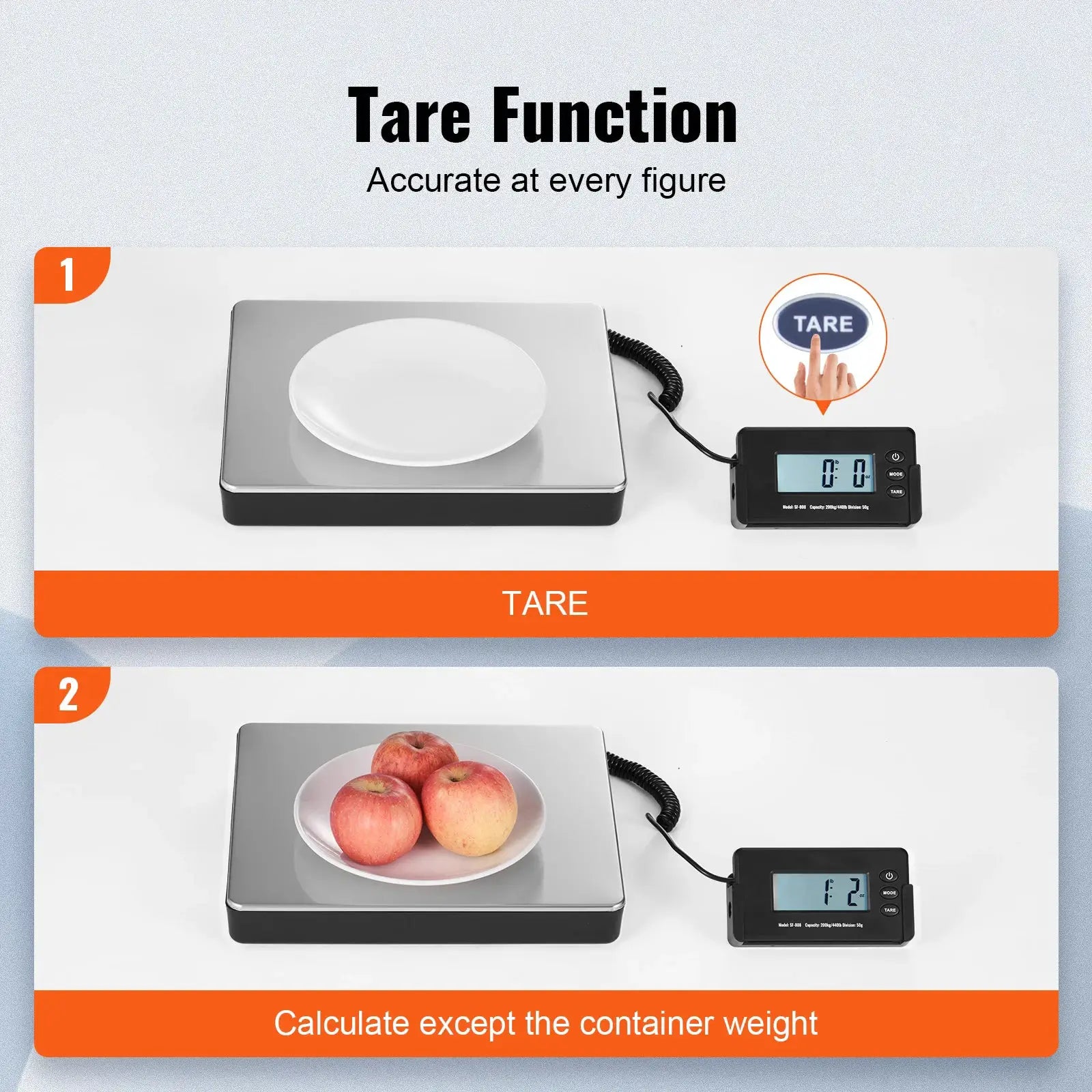 Digital shipping scale with tare function and 440 lb capacity; silver platform, black base, HD LCD display