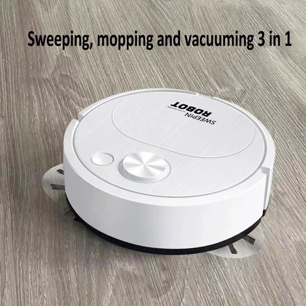 White round robot vacuum with 3-in-1 sweeping, mopping and vacuuming