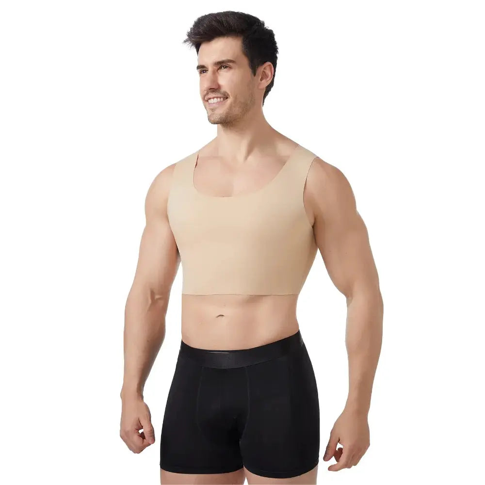 Men's seamless shaping short vest, beige sleeveless undergarment with high elasticity