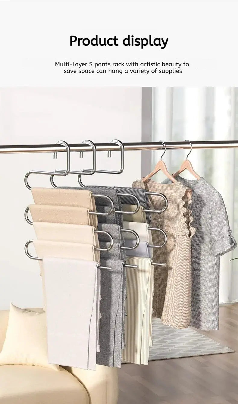 5-layer non-slip stainless steel clothes hanger rack with beige and gray garments