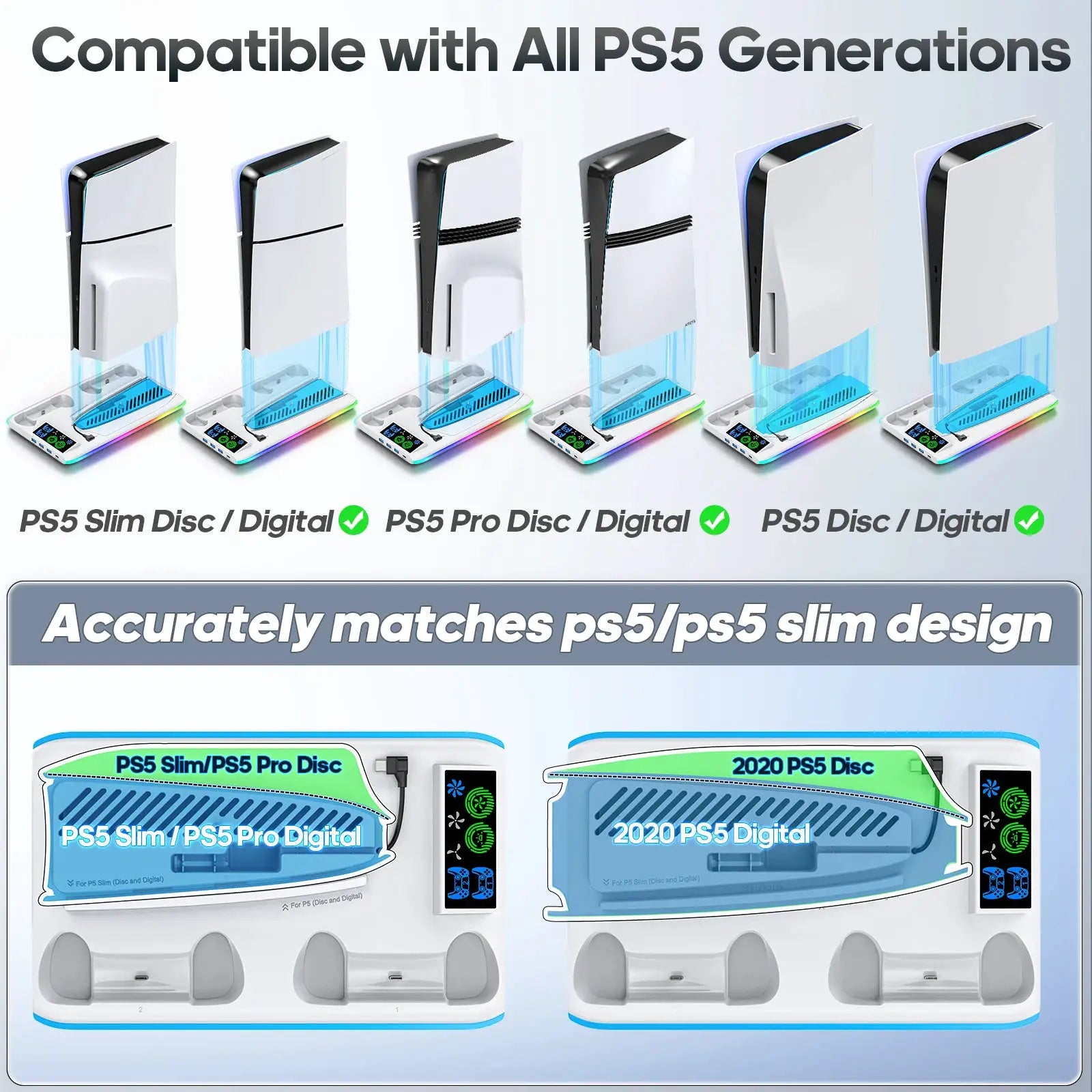 PS5 Cooling Stand With Controller Charger And RGB LED Base For PS5 PS5 Slim PS5 Pro Gaming Accessories