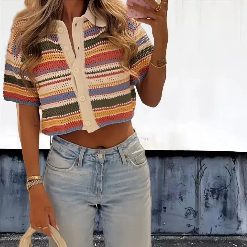 Women Patchwork Striped Crochet Knit Set Polo Collar Shorts Y2K Style